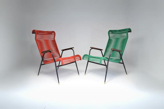 1950's Vintage French Red and Green Scoubidou Lounge Chairs, Set of Two - Spirit Gallery 