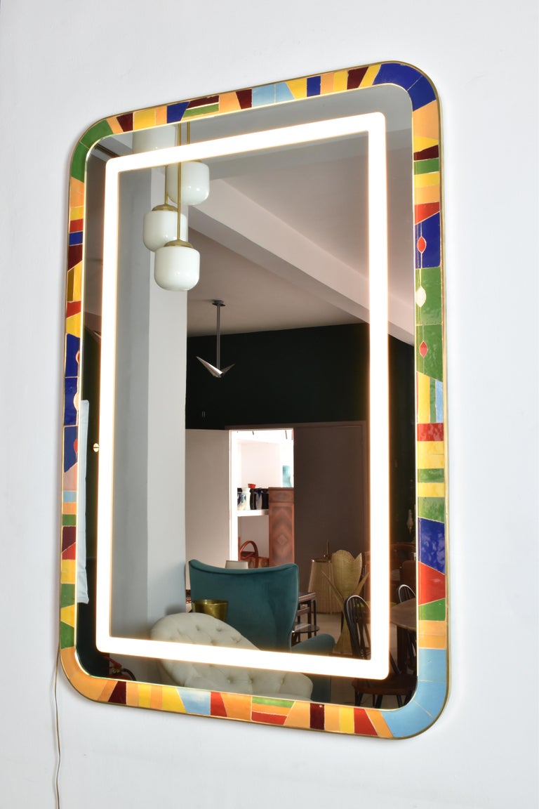 Handcrafted Led Light Mosaic and Brass Bathroom Mirror by Jonathan Amar Studio