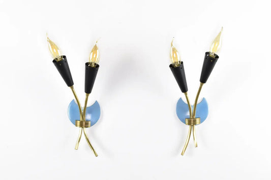 Pair of Italian Blue Brass Sconces, 1950s