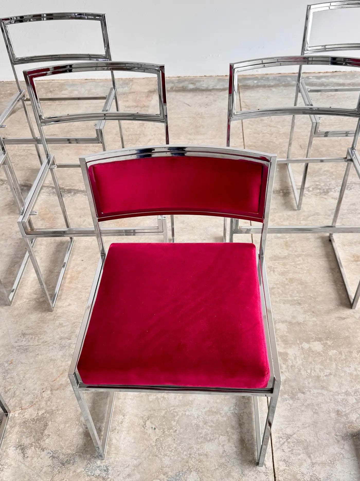 Set of 8 Chrome & Velvet "SQ-AL" Dining Chairs by Willy Rizzo, France, 1970s