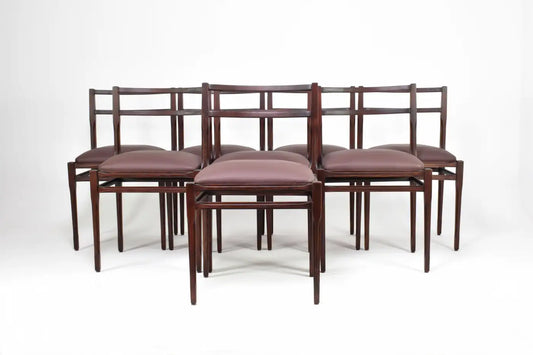 Set of 8 1970s Italian Leather & Wooden Dining Chairs in the Style of Stildomus