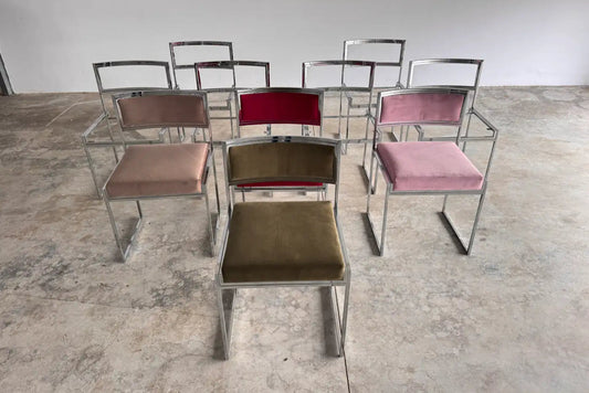 Set of 8 Chrome & Velvet "SQ-AL" Dining Chairs by Willy Rizzo, France, 1970s